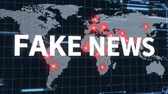 Fake news text over a digital world map with glowing red dots, illustrating global misinformation and propaganda