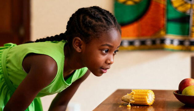 A curious young African American girl looking at corn on the cob at home. Celebrating the Kwanzaa holiday with traditional food. Childhood and cultural heritage concept