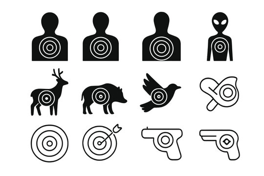Set of shooting range targets and hunting silhouettes including human, alien, deer, boar, bird, and firearms