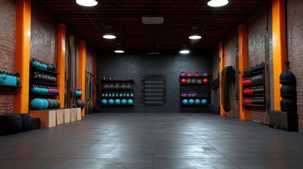Modern Fitness Studio Interior with Vibrant Colors, Weight Equipment, and Sleek Design Ideal for Personal Training and Group Workouts