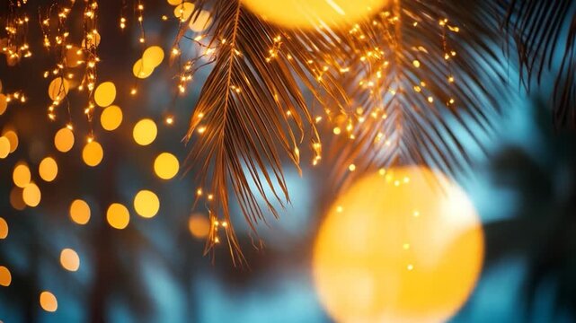 Soft focus gold string lights glimmer around tropical palm fronds at dusk