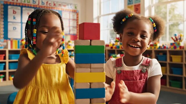Joyful young children engaging in educational play with building blocks indoors