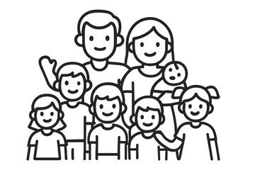 Simple line art portrait of a large happy family group with parents and children