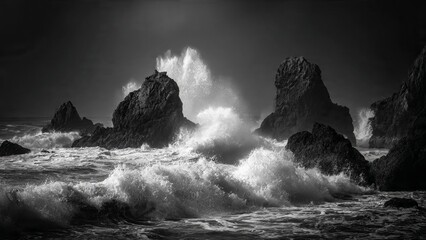 Waves Crashing on Rocky Shore in Black and White
