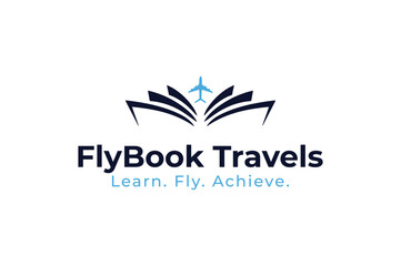 FlyBook Travels logo with airplane icon promises learning, flying, and achieving dreams for modern travel company branding and success