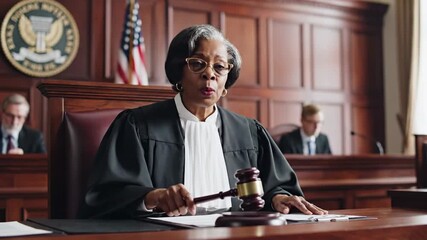 Judge in robes presiding over courtroom proceeding with gavel and documents