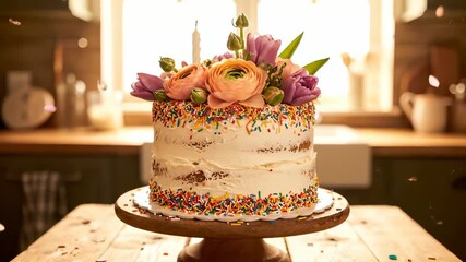 Decorated cake sits on table. Frosting covers cake with sprinkle. Flower tops cake for birthday celebration. Dessert on stand invites serving in warm kitchen. Colorful sprinkle adds festive charm.