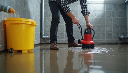Man uses red submersible pump to drain flooded basement floor. Plumber installs drainage equipment removing dirty water after leakage. Worker services pumping system preventing house flood damage,