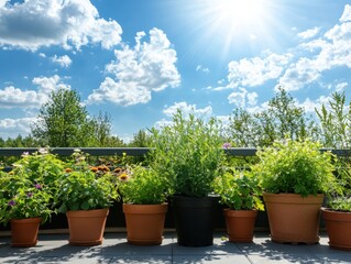 Obraz premium Vibrant potted plants on a sunny balcony with a bright blue sky and fluffy white clouds, creating a serene outdoor oasis.
