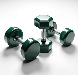 Set of Three Green Dumbbells on White Background. Fitness Equipment Illustration.

