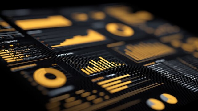Abstract data visualization design with bright yellow elements and modern graphs on a black background showcasing statistics and analytical metrics