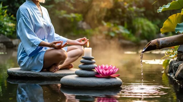 Meditation with senior woman sitting cross legged. Yoga pose held calmly by water. Zen stacking stone and lotus float near feet. Sunset light and gentle water flow. Relaxation spa garden setting.