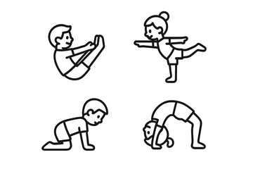 Minimalist line art set of young people practicing fitness and flexibility poses