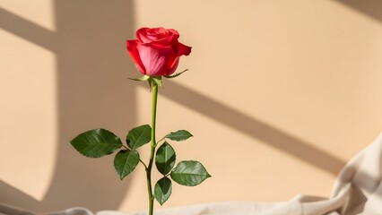 Red rose with green leaves on a beige background with shadows