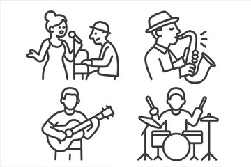 Outline icons set of musicians performing live including singer, pianist, saxophonist, guitarist, and drummer