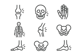 Human skeletal system icons showing bone structure, joints, and pain symptoms