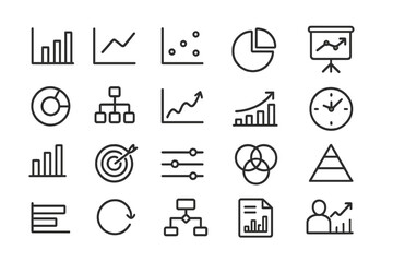 Collection of line symbols representing business strategy, financial growth, and data analysis