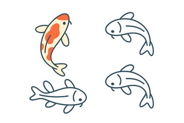Minimalist set of four stylized koi fish icons, one colorful and three simple outlines