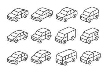 Modern passenger and commercial vehicles in isometric view for transportation concepts