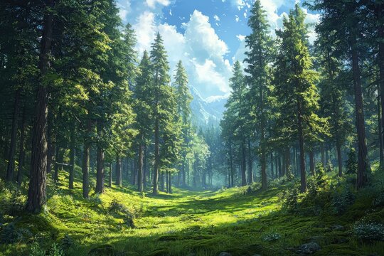 ush green coniferous forest featuring towering old spruce fir and pine trees dappled sunlight filtering through the dense canopy moss-covered ground serene and tranquil atmosphere
