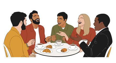 A diverse group of friends laugh and enjoy coffee and pastries together around a small table, fostering a sense of camaraderie and shared experience in a warm, inviting setting.