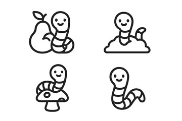 Cute cartoon worm characters interacting with a pear, mushroom, and dirt