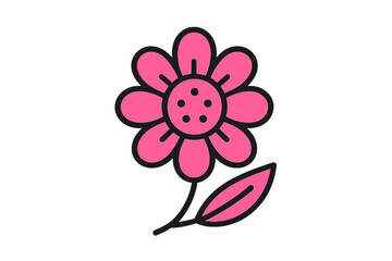Minimalist pink flower blossom with thick black outline and stylized leaf shape
