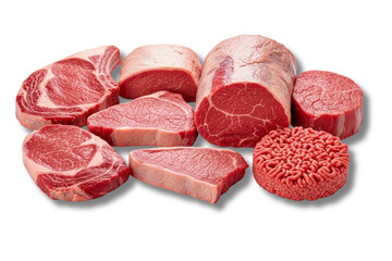 Assorted Beef Steaks and Ground Beef Cuts For Culinary Stock Photo Use.