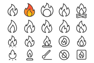 Twenty minimalist fire, heat, and flame symbols for warning and energy concepts