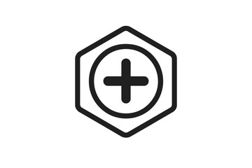 Minimalist geometric plus symbol centered in a circular shape framed by a hexagon outline