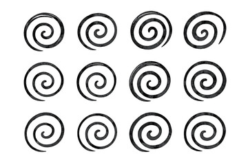 Abstract collection of rough textured hand-drawn spiral and swirl shapes and elements