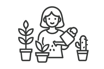 Smiling woman tending to indoor potted plants using a small watering can