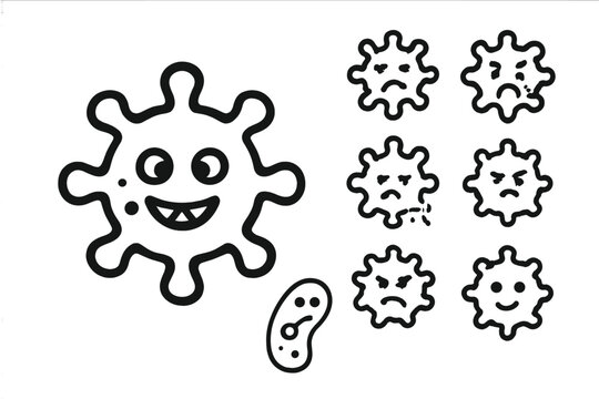 Cartoon microbe characters showing various emotions like happiness, sadness, and anger