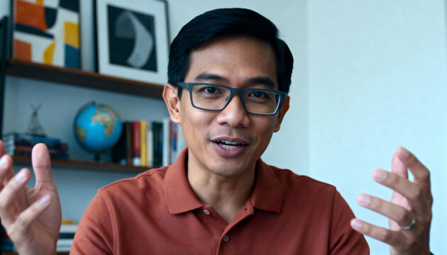 Professional Asian man with glasses speaking to the camera during a video conference. Male coach or presenter giving an online lesson or webinar from a home office