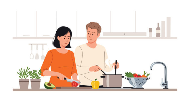 A couple prepares a healthy meal together in a modern, bright kitchen, with fresh vegetables and cooking utensils, promoting a lifestyle of wellness and domestic harmony.