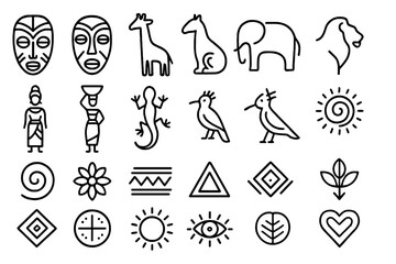 African tribal symbols and animals including masks, giraffe, elephant, lion, and geometric shapes