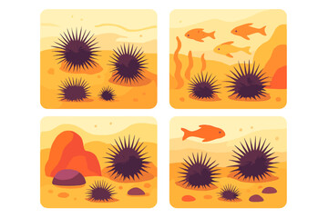 Sea urchins and tropical fish swimming over the warm sandy ocean floor