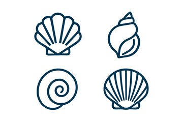 Simple outline collection featuring various marine seashells, spiral mollusk shells, and scallop designs