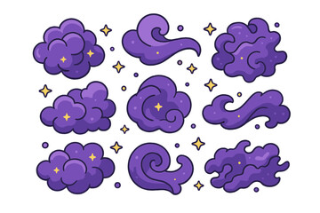 Stylized purple fantasy clouds and magical smoke elements collection