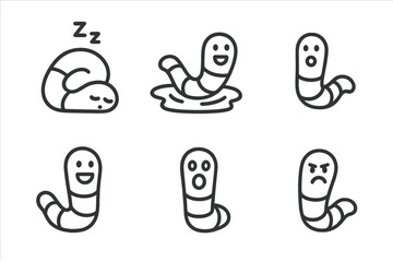 Cute cartoon worm character icon set showing different emotions and actions