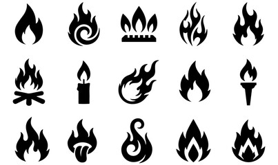 Stylized Flame Vector Icon Set, Minimalist Fire Silhouettes on Light Grey Background, Flame vector icons, Fire silhouette set, Stylized flames, Minimalist fire graphics, Teardrop flame icons, png flam