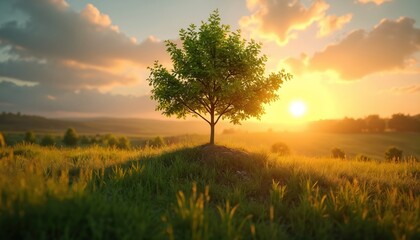 Fototapeta premium Lone tree grows on green grassy hill at beautiful sunset. Sun casts warm golden light over field. This scenic and peaceful landscape is symbol of solitude hope and new life in nature.