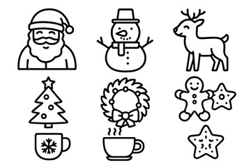 Minimalist outline icons set for Christmas featuring Santa Claus, snowman, reindeer, and festive treats