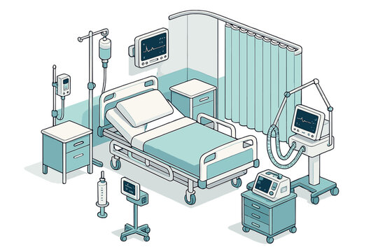 Isometric hospital bed in intensive care unit with ventilator and medical equipment