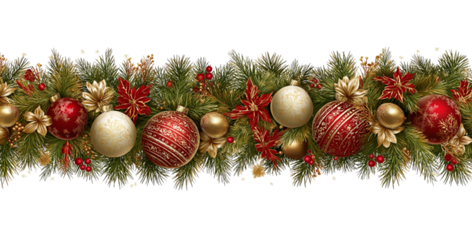 Festive Christmas garland with red gold and white ornaments and pine needles isolated on a transparent background