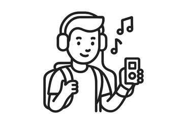 Young person wearing headphones listening to music on a portable device while carrying a backpack