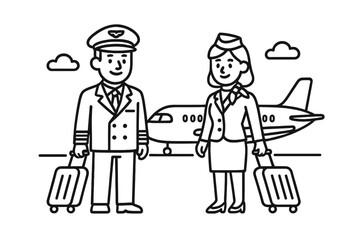 Professional airline pilot and flight attendant standing with luggage near commercial aircraft