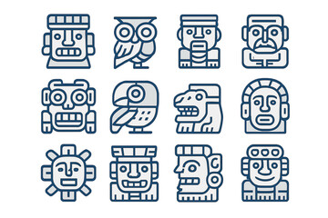 Stylized set of ancient Mesoamerican civilization icons and tribal symbols in line art style