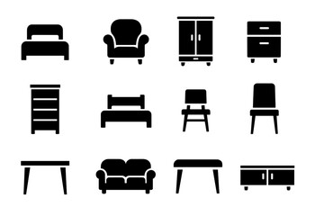 Twelve black glyph icons of common household furniture items including beds, chairs, tables, and cabinets