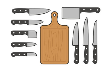 Assortment of sharp kitchen knives and a rectangular wooden cutting board for culinary use